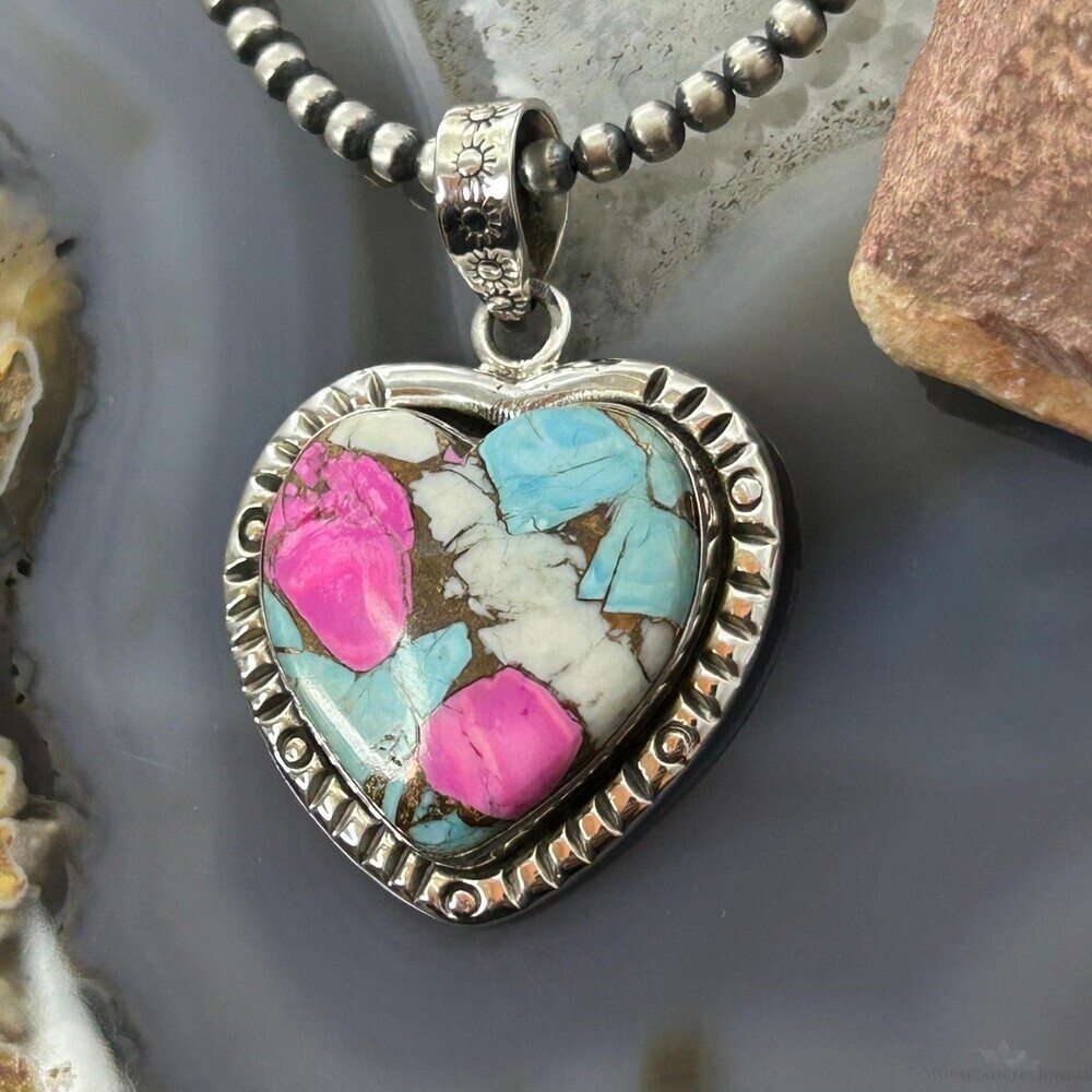 Sterling Silver Southwestern Style Cotton Candy Heart Pendant For Women #4 - Picture 5 of 10